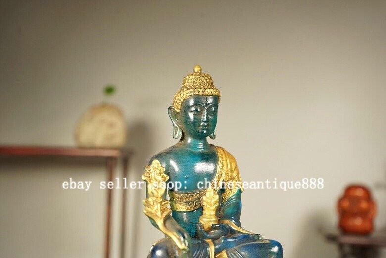 5'' Old Tibet Colored Glaze Gilt Menla Medicine Buddha Medical God Lotus Statue
