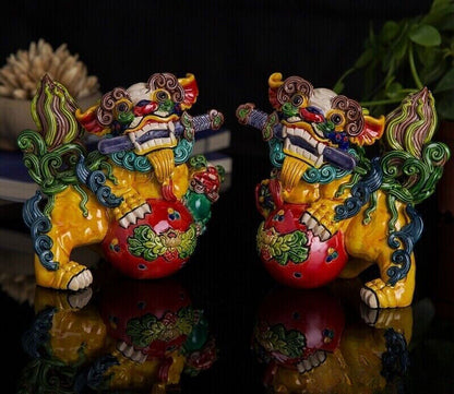 Pair Porcelain Guardian Foo Fu Dog Lion Statue Chinese Feng Shui Home Decor