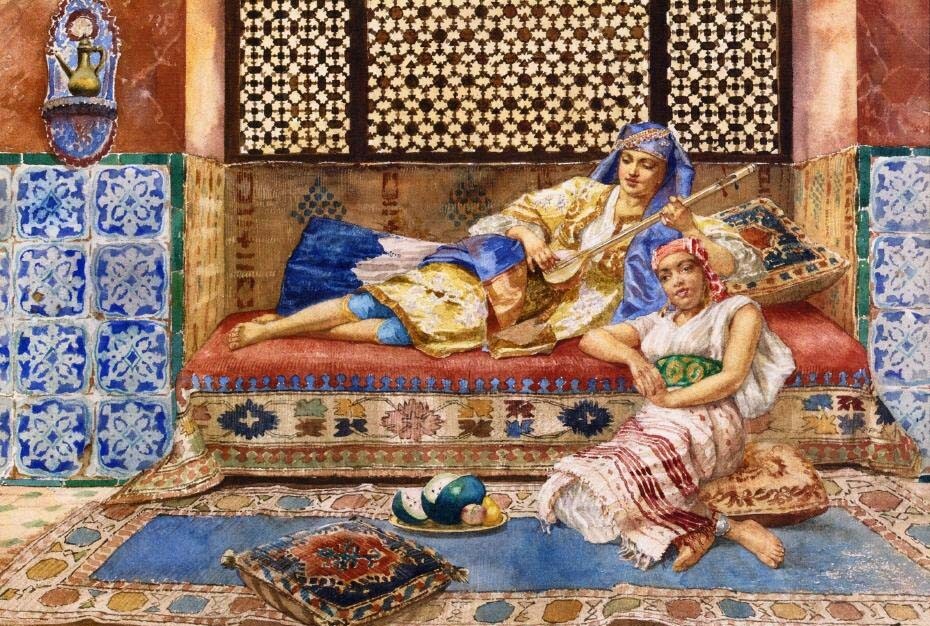 Oil painting Rudolph-Ernst-Harem-Solg woman playing portrait by house on canvas