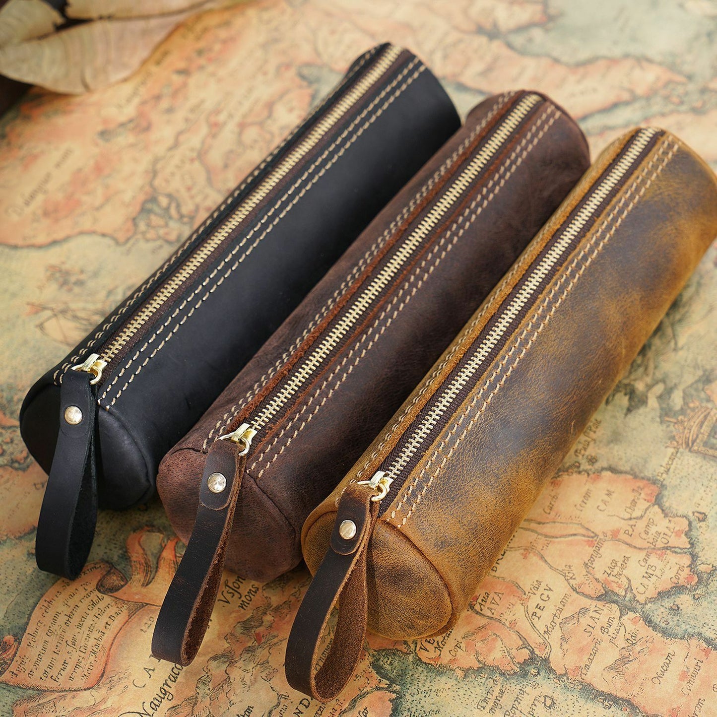 Handmade Cowhide Leather Pen Pouch Zipper Pencil Case Stationery Storage Pen Bag