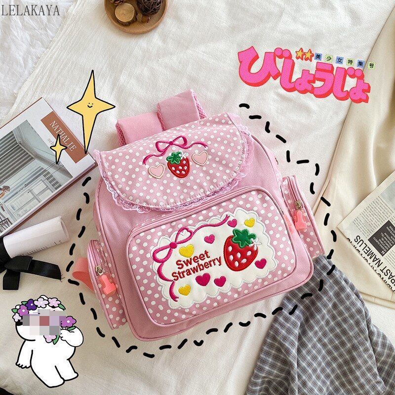 Backpack Embroidery Strawberry Pattern Lace Shoulder Bags Waterproof 30*37*13 CM