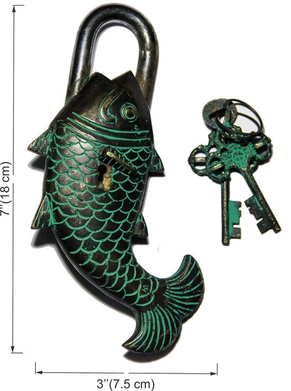 Antique Look Fish Design Functional Brass Padlock with 2 Keys Deep Black Green