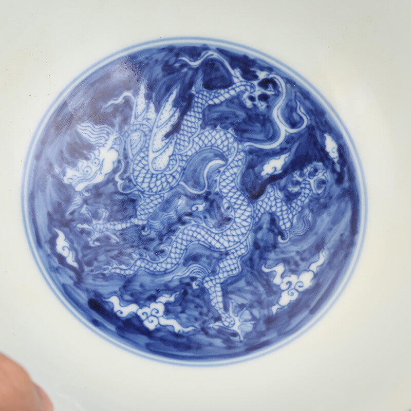 7.3" Old Ming Blue and White Porcelain Seawater Animal Dragon Grain Bowl