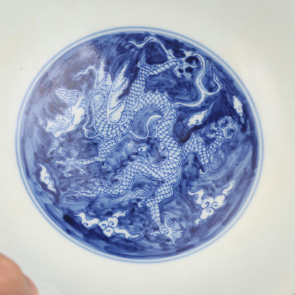 7.3" Old Ming Blue and White Porcelain Seawater Animal Dragon Grain Bowl