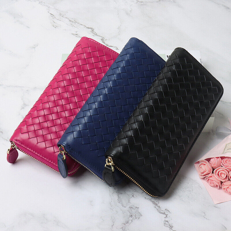 Real Leather Women's Long Wallet, Desinger Weaving Clutch Bag Zipper Card Holder