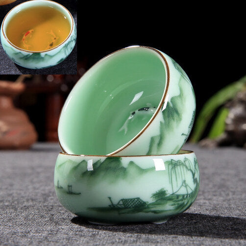 2.5oz * 2 Tea Cups Thicker Glaze Porcelain Cup Mountain-river Bamboo Print Cups