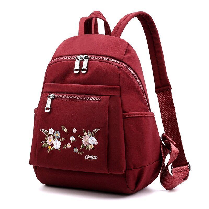 Nylon Backpack Black Zipper School Bags Flower Embroidery Rucksack High Capacity