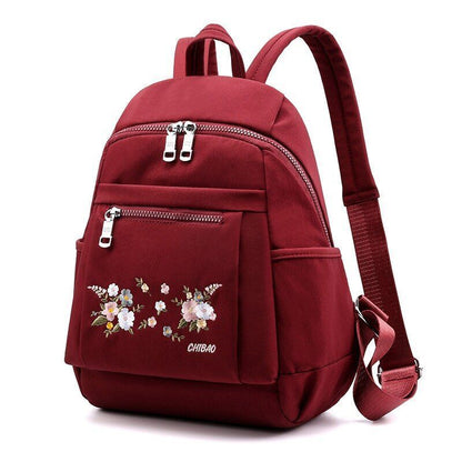 Nylon Backpack Black Zipper School Bags Flower Embroidery Rucksack High Capacity