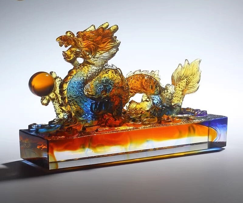 Liu Li Crystal Chinese Dragon Playing Ball Statue Office Feng Shui Home Decor
