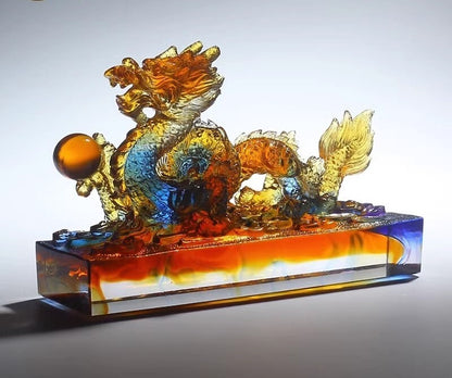Liu Li Crystal Chinese Dragon Playing Ball Statue Office Feng Shui Home Decor