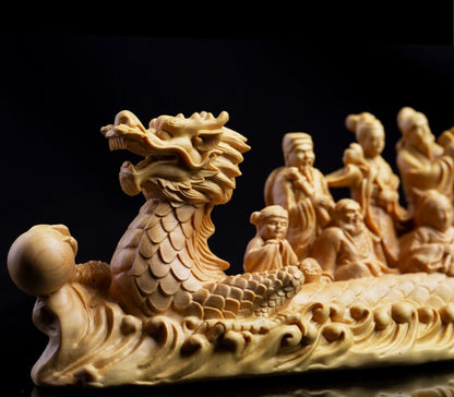 Boxwood Carved Eight Immortals Cross the Sea Statue Dragon Boat Feng Shui Decor