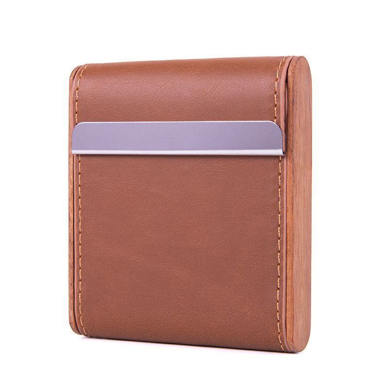 Cigarette Cases Solid Wood Leather Cigar Tobacco Holders Pocket Storage 9x10x2cm
