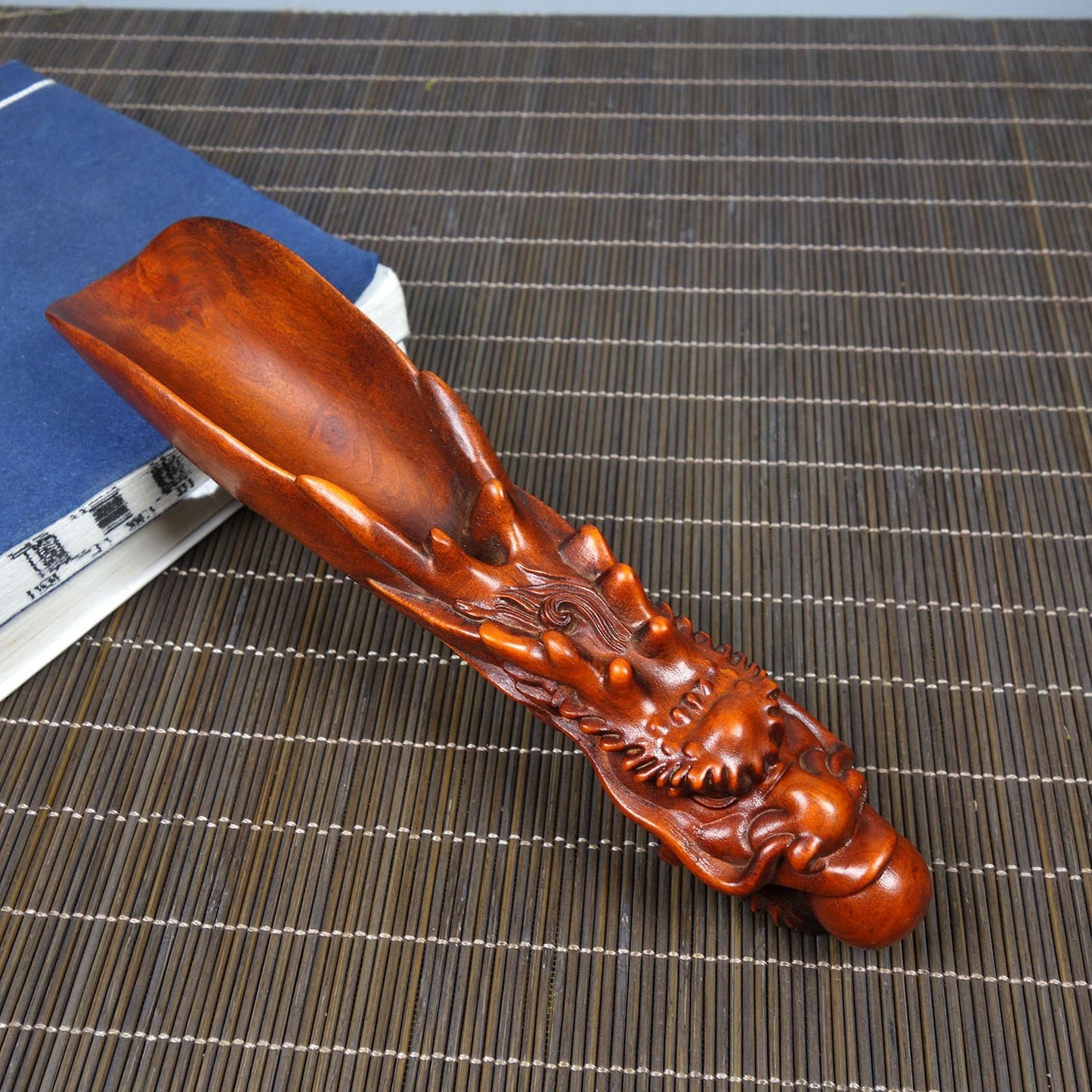 Vintage Boxwood Tea Scoop 5.91in 47g Dragon Pearl Carved Tea Tool