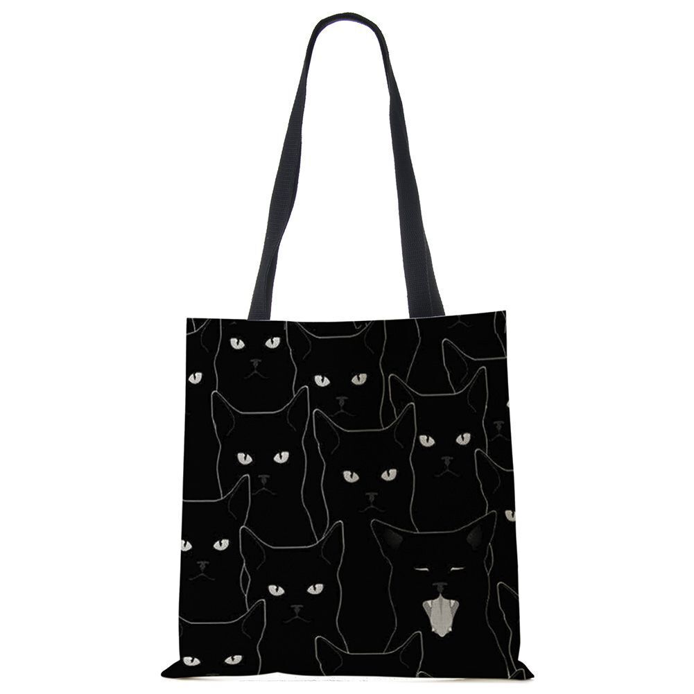 Tote Bags Black Cat Printed Linen Fabric Eco Handbag Shopping Reusable Shoulder