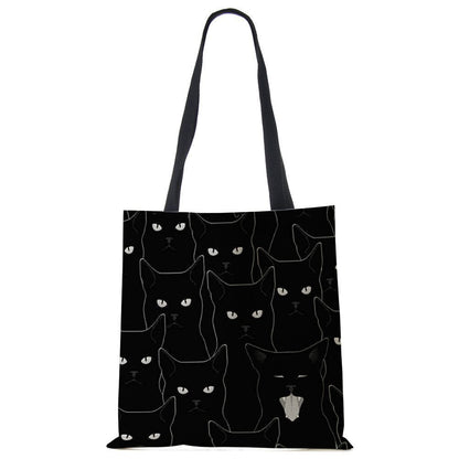 Tote Bags Black Cat Printed Linen Fabric Eco Handbag Shopping Reusable Shoulder