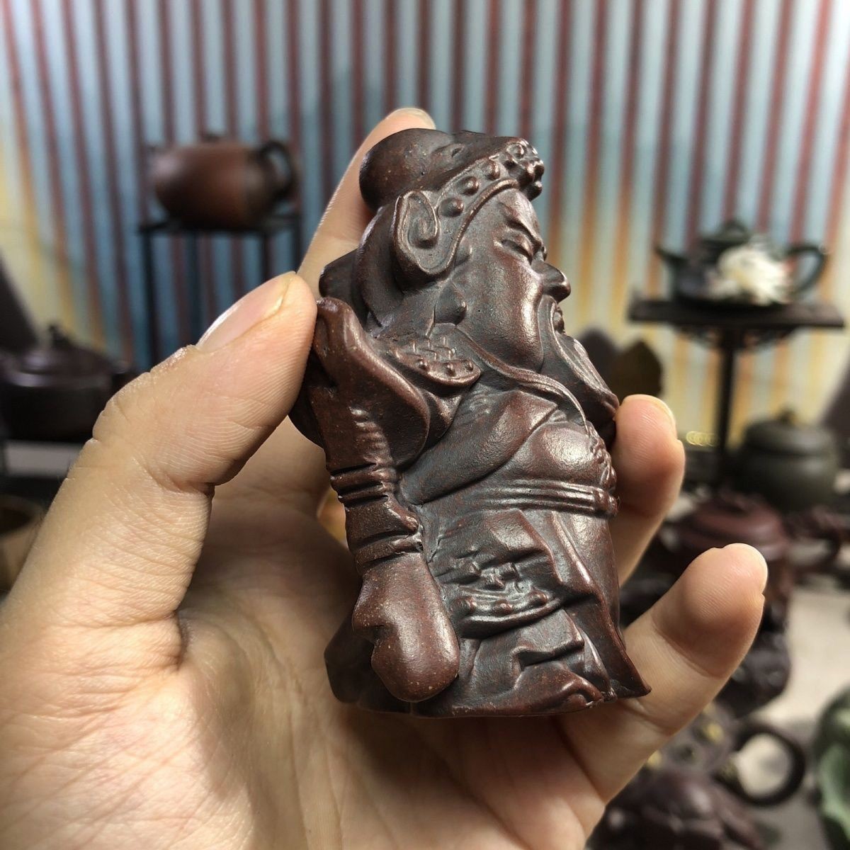 Yixing Solid Clay Zisha Guan Gong Tea Pet Figurine Handmade Decor