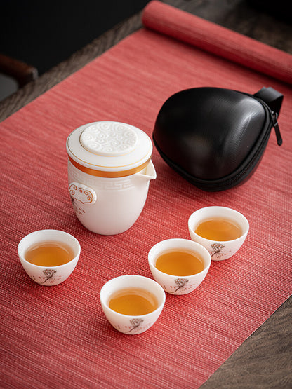 Mutton Fat Jade Porcelain Travel Tea Set With Portable Bag China Tea Pot Cup New