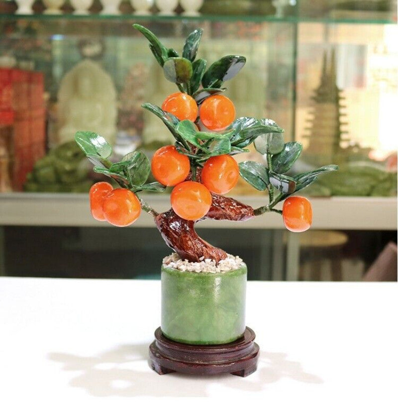 11.8" Jade Stone Tangerine Bonsai Tree Fruit Plant Feng Shui Decor