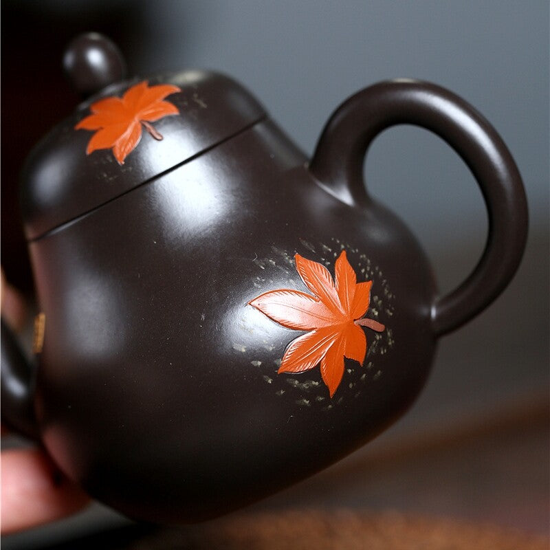 Handmade Tea Pot 9 Infuser Holes Real Yixing Zisha Black Clay Maple Leaf Relief