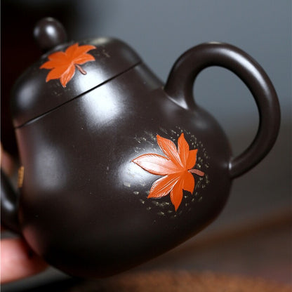 Handmade Tea Pot 9 Infuser Holes Real Yixing Zisha Black Clay Maple Leaf Relief