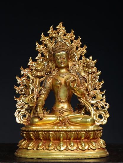 10"Tibet Buddhism Temple Bronze Gilt Tara Kwan-Yin GuanYin Goddess Buddha Statue