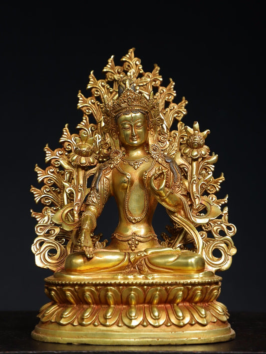 10"Tibet Buddhism Temple Bronze Gilt Tara Kwan-Yin GuanYin Goddess Buddha Statue