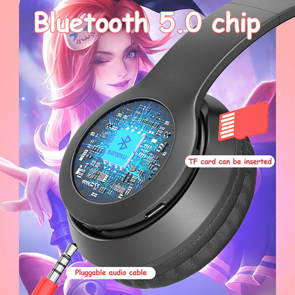 Bluetooth 5.0 Wireless Cat Rabbit Ear Headsets LED Headphones For Kids Girls Boy