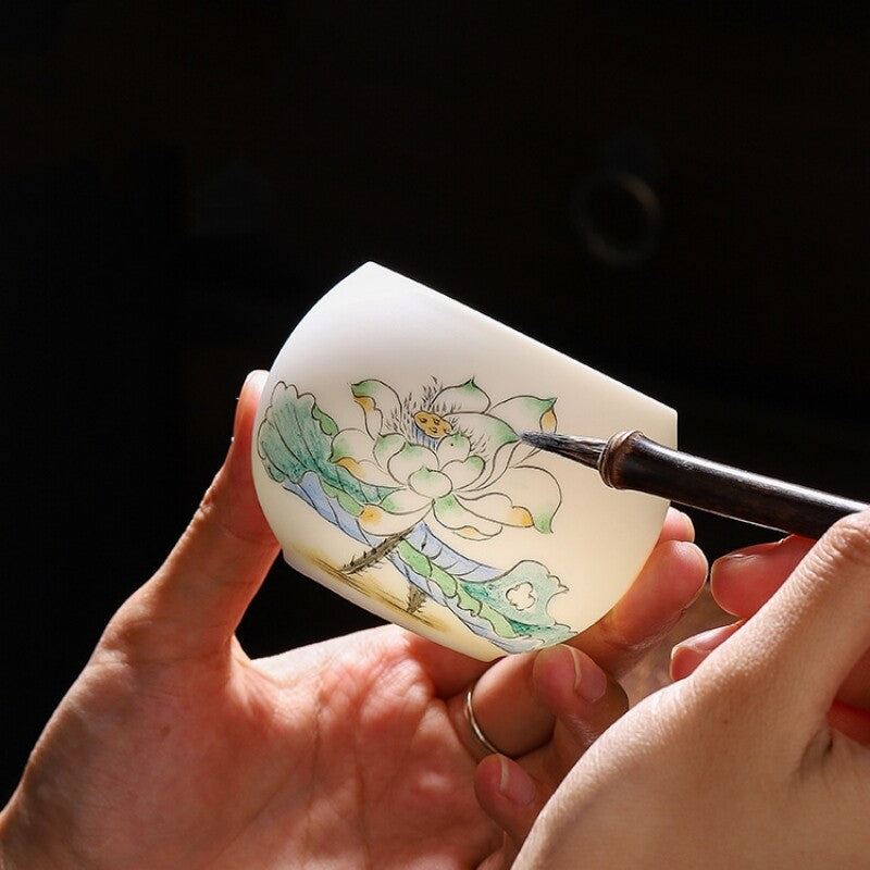 Boutique Hand Painted Tea Cup Fat Mutton Jade Porcelain Master Cup Chinese Cup
