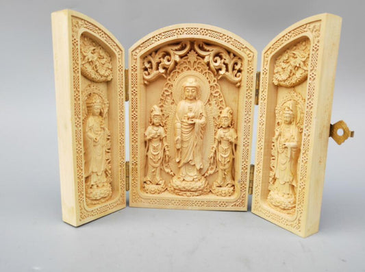 4.1" Boxwood Carving Sakyamuni Guanyin Bodhisattva Buddha Statue Folding Box