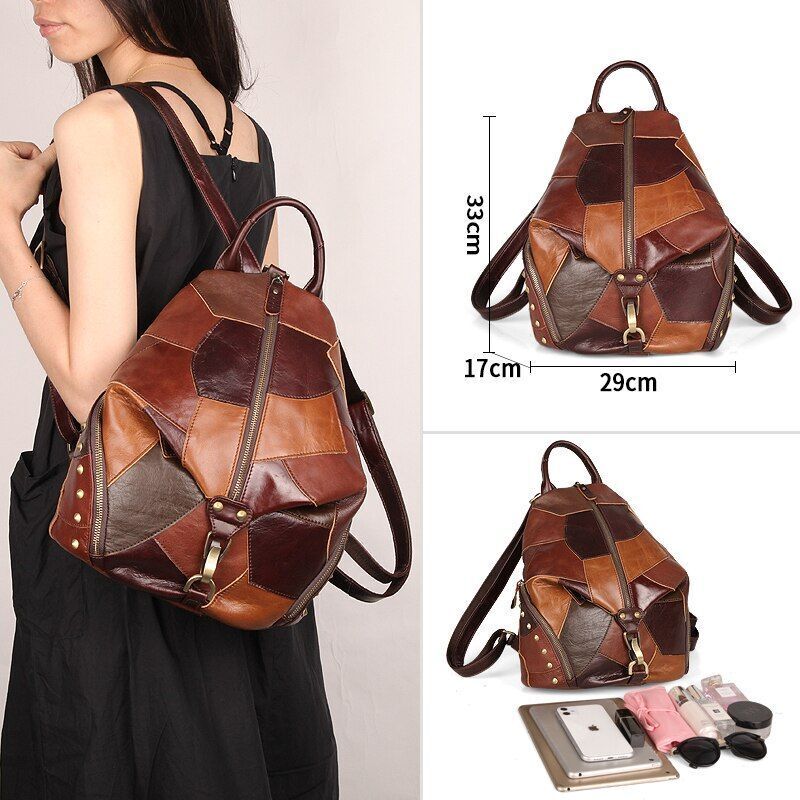 Women Backpack Vintage Cow Genuine Leather Large Soft School Bags Polyester 1 PC