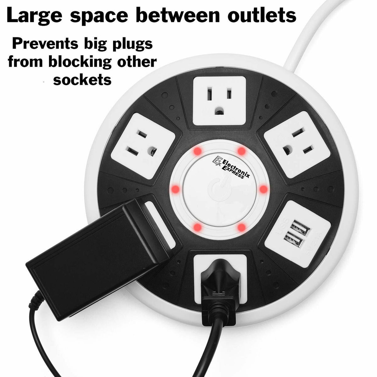 ETL Certified Round Power Strip - 5 Outlets with Surge Protection + 2 USB