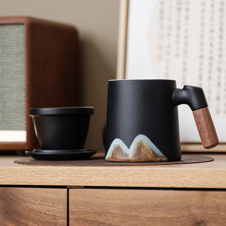 Embersceramic Handpainted Mountain Ceramic Teacup with Infuser Cozy Mug 380ml