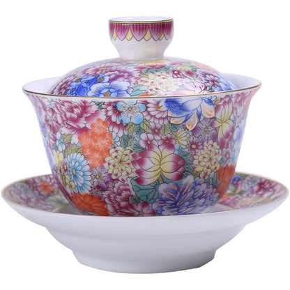 150ml Jingdezhen Porcelain Gaiwan Flowers Blossom Color Crafts Cup Bowl Tea Set