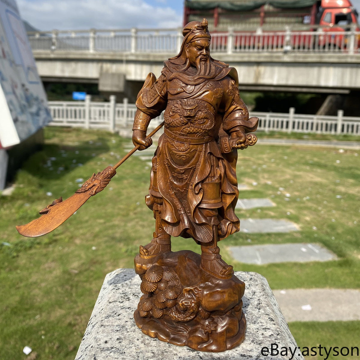 Chinese Natural Boxwood Hand Carved Exquisite Guan Yu Statue