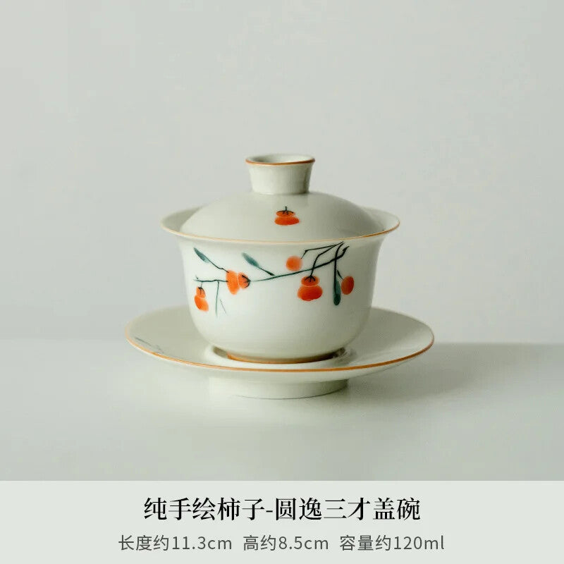 120ml Hand Painted Persimmon Gaiwan Chinese Ceramic Cover Bowl Handmade Tea Bowl