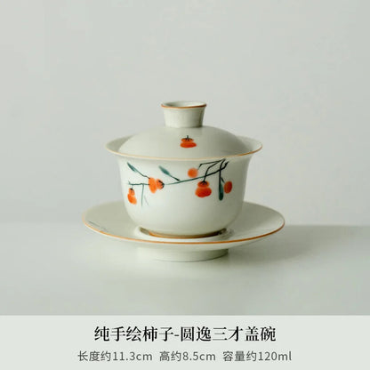 120ml Hand Painted Persimmon Gaiwan Chinese Ceramic Cover Bowl Handmade Tea Bowl