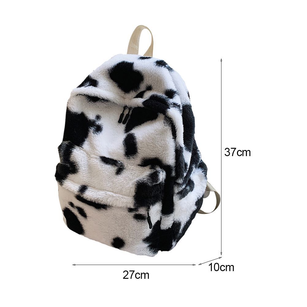 Warm Plush Backpack Teenager School Bag Fashion Cow Print Multipocket Travel Bag