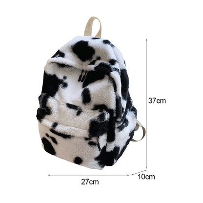 Warm Plush Backpack Teenager School Bag Fashion Cow Print Multipocket Travel Bag