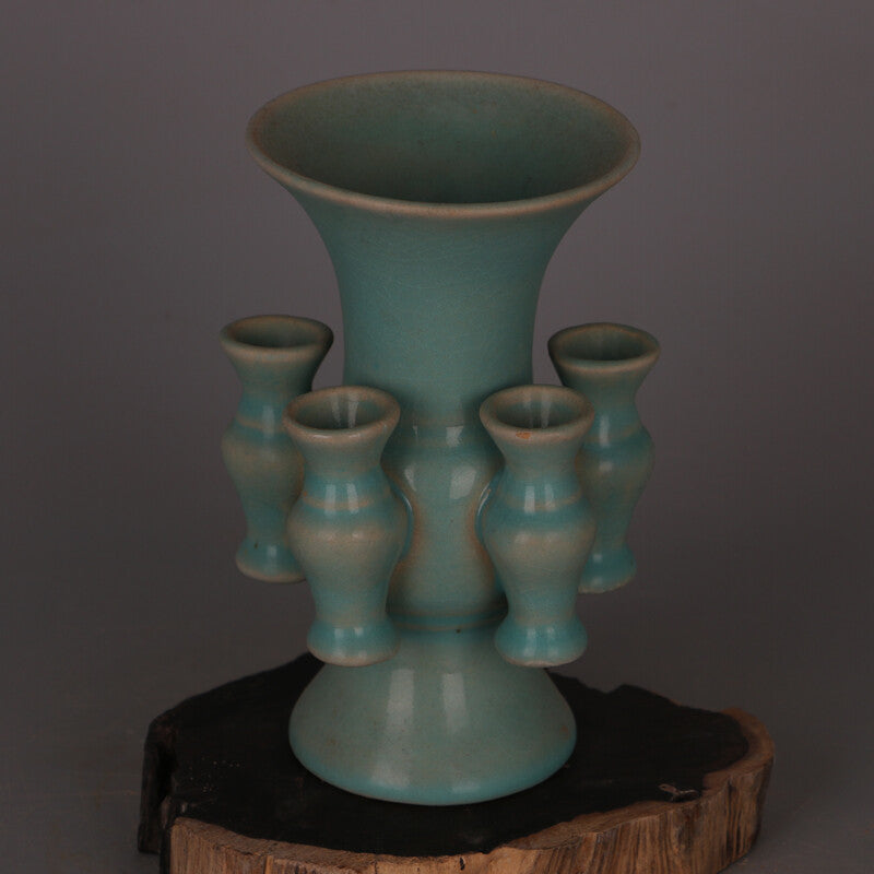 6.3" Collect Chinese Song Porcelain Ru Kiln Celeste Glaze Five Tube Flower Vase