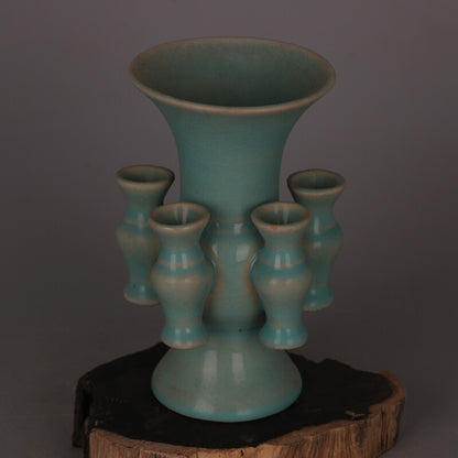 6.3" Collect Chinese Song Porcelain Ru Kiln Celeste Glaze Five Tube Flower Vase