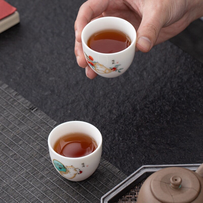 One Cup Fat Mutton Jade Porcelain Tea Cup Love Cat Print Kungfu Tea Cup 70ml New