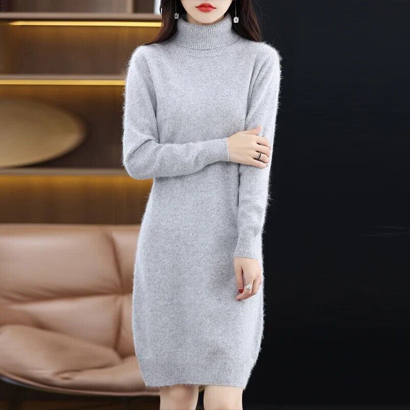 Women's High Back Collar Long Sweater Casual Long Sleeve Dress