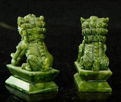A Pair 100% China Natural Jade Hand-carved Statues Fo Dog Lion Rare