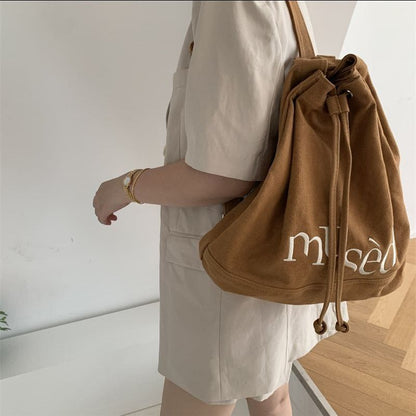 Embroidered Backpacks Canvas Drawstring School Bags Large Capacity Green/Brown