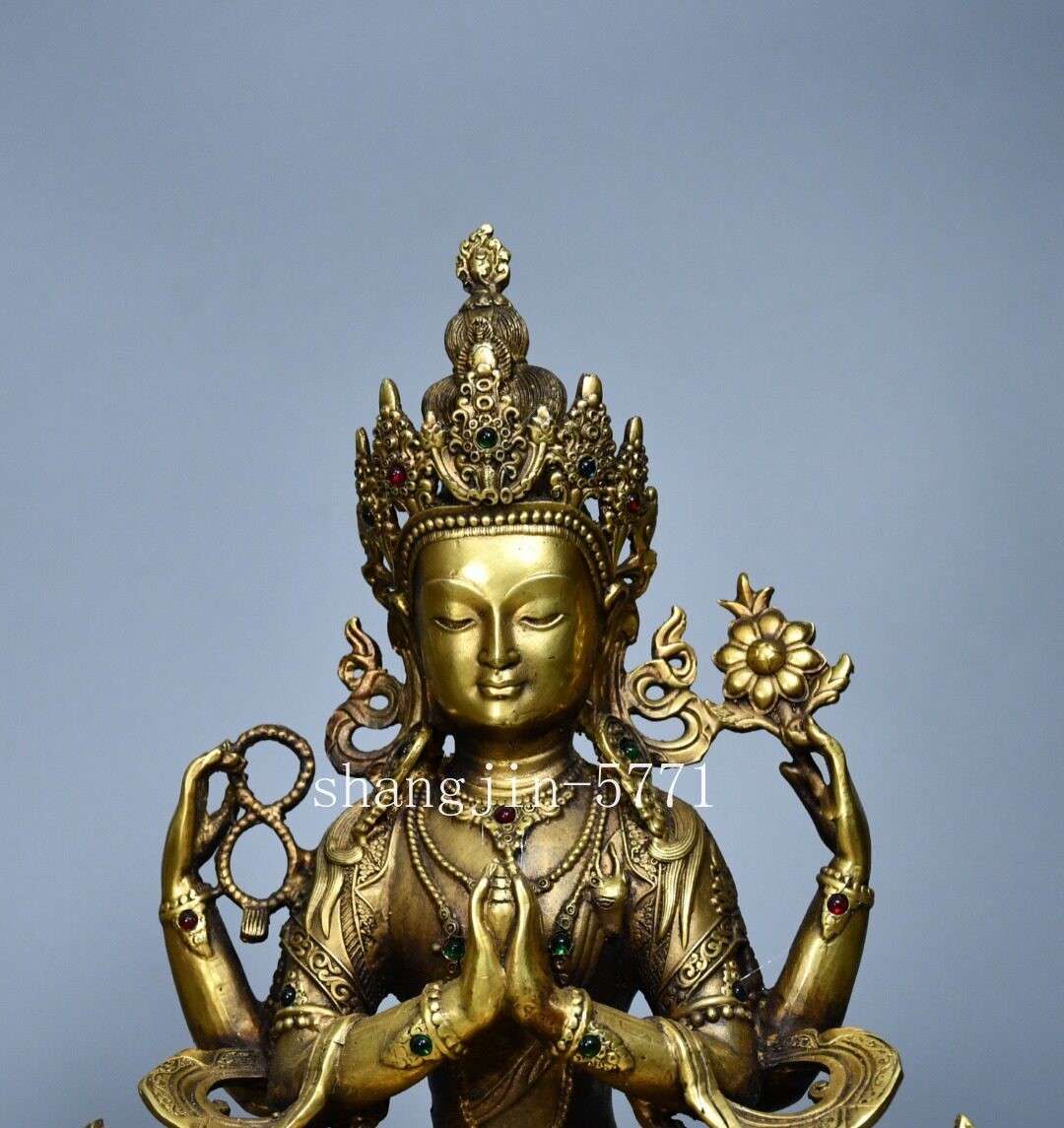 8.4"old Xizang Buddhism Temple Bronze Four Arms Chenrezig Buddha Statue