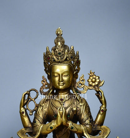 8.4"old Xizang Buddhism Temple Bronze Four Arms Chenrezig Buddha Statue