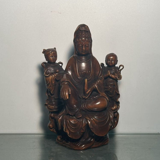Vintage Chinese Antique Wooden Carved Kwan Yin Children Statue Wood Buddha Decor