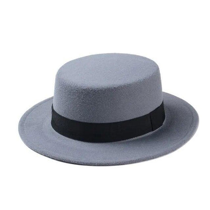 Flat Top Hat Wool Pork Pie Boater Fashion for Men Women Wide Brim Gambler Hat