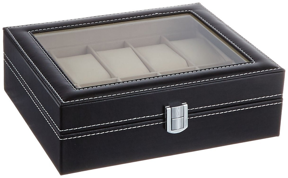 10 Slot Watch Box with Glass Top - Black Faux Leather Display Case Organizer