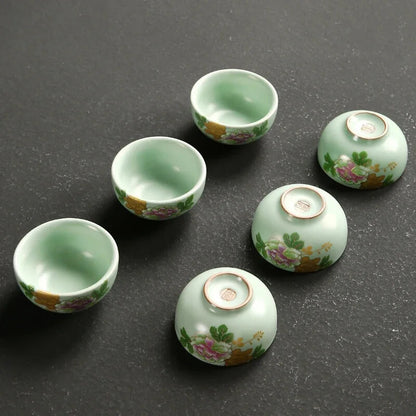 Ru Kiln Tea Cup Handmade Ceramic Cup Flowers Pattern Travel Tea Set Teacups